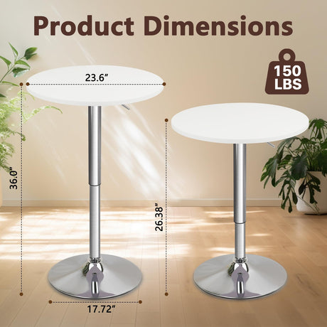 CLATINA Round Bar Pub Table, 26"-36" Height Adjustable Bistro Tables with Metal Base, 360° Swivel High Top Cocktail Table for Home Kitchen Party Drink Restaurant Wedding Cafe Office Reception, White CLATINA