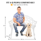 VINGLI 38.5" Patio Park Garden Outdoor Metal Rose Bench,Cast Iron Cast Aluminium Frame Antique Finish Chair,Accented Lawn Front Porch Path Yard Decor Deck Furniture for 2 Person Seat（White VINGLI