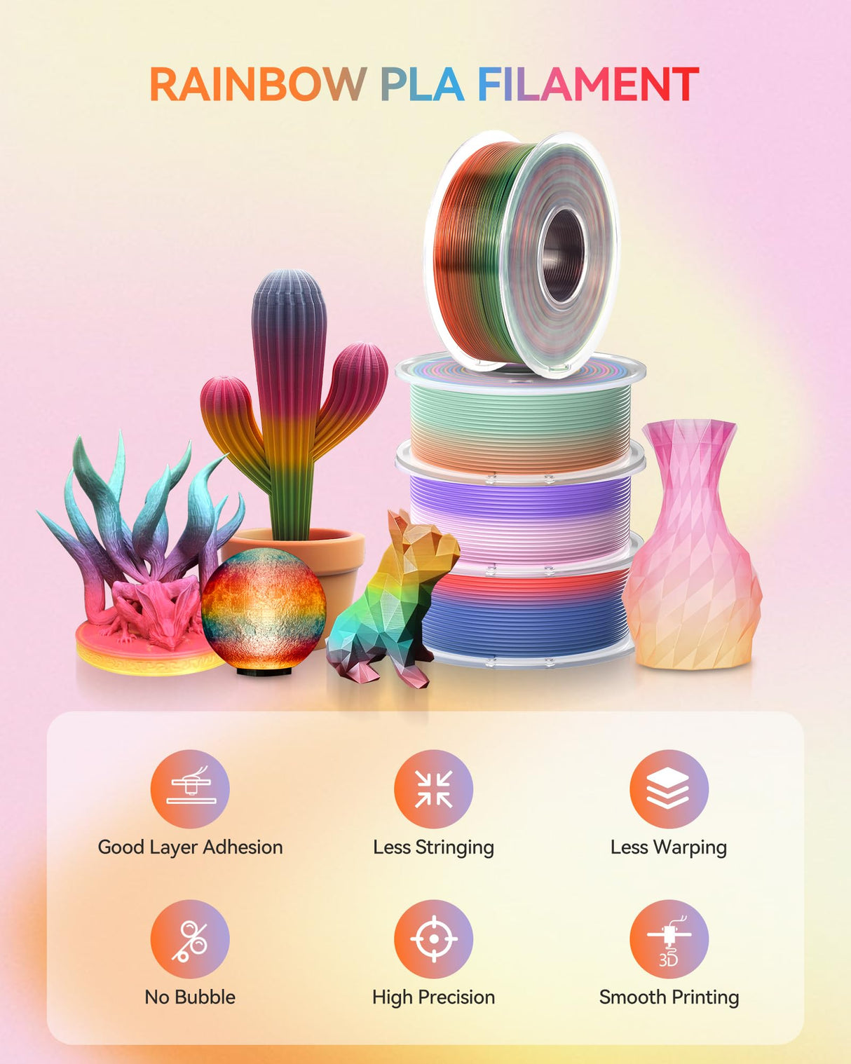 TECBEARS 250G PLA Rainbow Filament, PLA 3D Printer Filament Rainbow, Neatly Wound PLA Bundle, Fast Color Change Each 8 Meters, Dimensional Accuracy +/- 0.02mm, 4 Pack 250g Spool TECBEARS