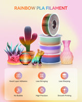 TECBEARS 250G PLA Rainbow Filament, PLA 3D Printer Filament Rainbow, Neatly Wound PLA Bundle, Fast Color Change Each 8 Meters, Dimensional Accuracy +/- 0.02mm, 4 Pack 250g Spool TECBEARS