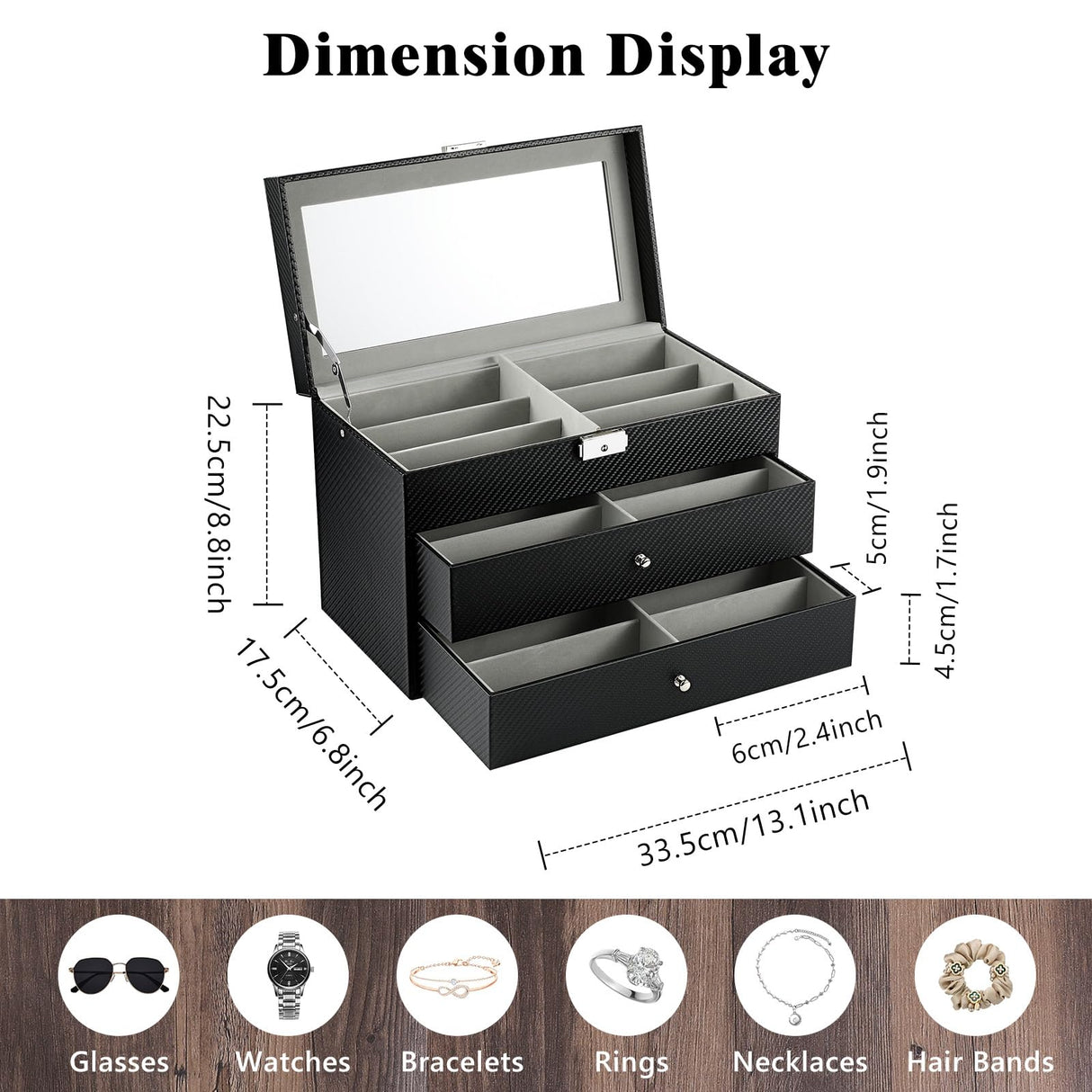 MoKo Sunglasses Organizer with 18 Slots, 3-Layer Leather Sunglass Display Collection Holder Case with Drawer Clear Glass Lid, Lockable Eyeglass Glass Jewelry Watch Storage Box for Women Men, Black MoKo