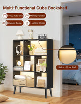 OUTONLIFE 7-Cube Bookshelf with LED Lights, Touch & Remote Control, Freestanding Open Bookcase Storage Shelf, Dimmable Modern Wooden Display Organizer with Legs for Living Room, Bedroom, Office(Black) OUTONLIFE