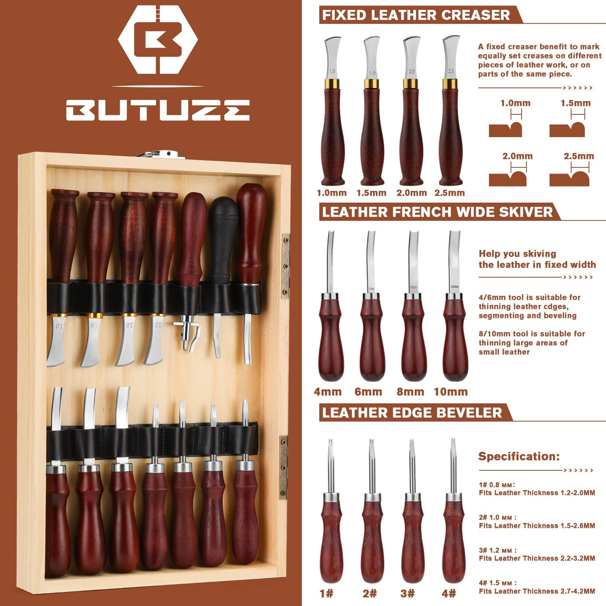 BUTUZE Leather Working Kit, Boxed Leather Tooling Kit, Leather Crafting Tool Kit, Cutting, Punching, Carving, Heavy Duty Leather Sewing Kit Professional Leather Working Tools and Supplies BUTUZE