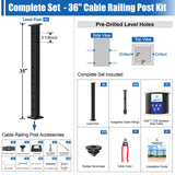 CKE 10ft-15ft Complete Set 36" Cable Railing Post Kit, 3Pack Black Level Drilled Line Posts(35"x2"x2"), Swageless Deck Cable Railing System Kit, 220ft 1/8" Wire Rope(No Handrail), Black Post Kit LPS02 CKE