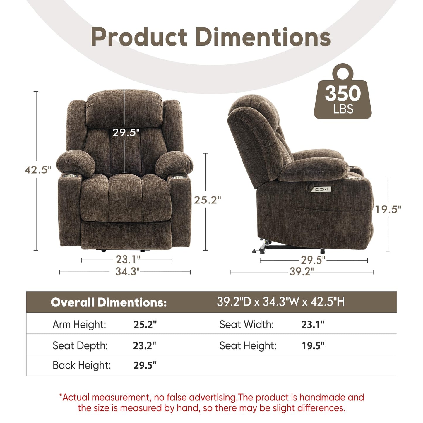 ABCASA Large Power Lift Chairs Recliners for Elderly with Heat ＆ Massage, Upgraded Chenille Recliners, USB-A ＆ C, Cup Holder, Side Pocket, Brown