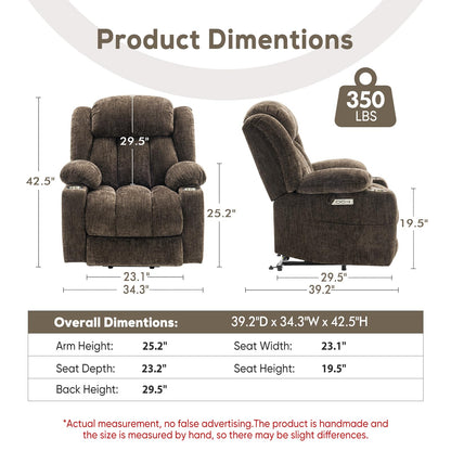 ABCASA Large Power Lift Chairs Recliners for Elderly with Heat ＆ Massage, Upgraded Chenille Recliners, USB-A ＆ C, Cup Holder, Side Pocket, Brown