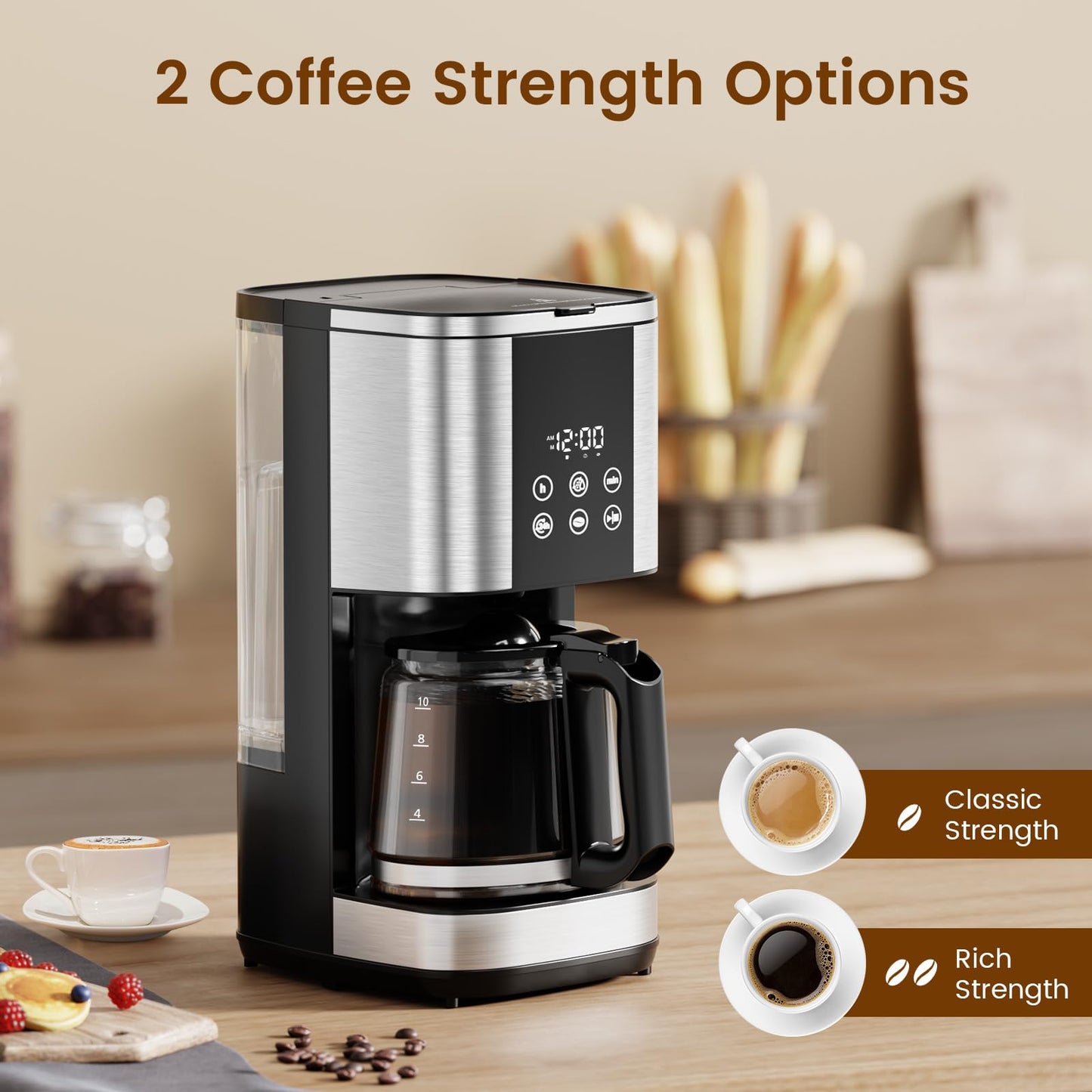 Electactic 10-Cup Drip Coffee Maker, 24-Hour Programmable Coffee Brewer, Touch Screen, Coffee Strength Control, Reusable Filter, Coffee Pot, Energy Saving Auto Shut Off