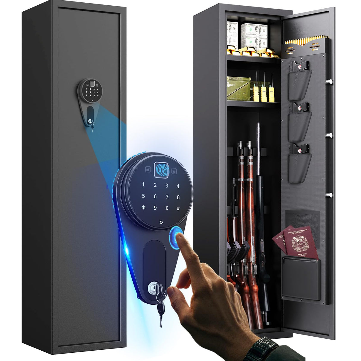 5-6 Gun Safe Cabinet for Rifles and Pistols With 3 Pistol Pouches and 2 Pockets for Home Security Quick Access via Biometric Lock No Assable Require Gun Safes with Adjustable Gun Rack for Shotguns AOJUFEO