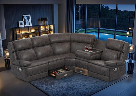 Home Theater Seating Reclining Sectional Sofa, Reclining Couch with 4 USB, 2 Flip-Up Middle Backrest & Drawers, Wall Hugger RV Recliners, 145° Adjustable Recline & Cup Holders for RV & Movie Room FURNIMAT