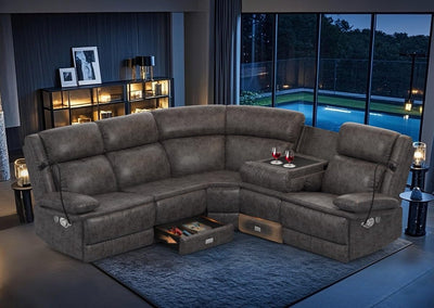 Home Theater Seating Reclining Sectional Sofa, Reclining Couch with 4 USB, 2 Flip-Up Middle Backrest & Drawers, Wall Hugger RV Recliners, 145° Adjustable Recline & Cup Holders for RV & Movie Room