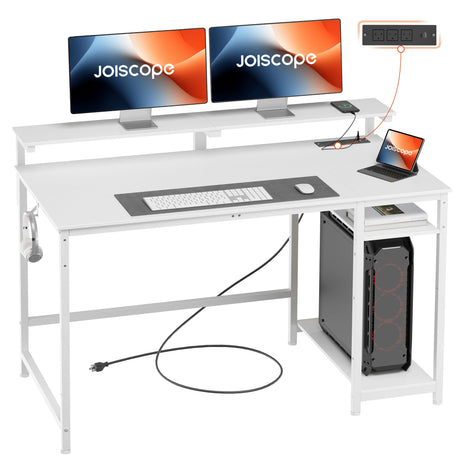 JOISCOPE Home Office Desk with Power Outlets (3AC, USB, Type-C), 48 × 20 Inch Computer Desk with Reversible Shelves, Laptop Table with Display Riser, Gaming Study Drafting Table for Bedroom, White JOISCOPE