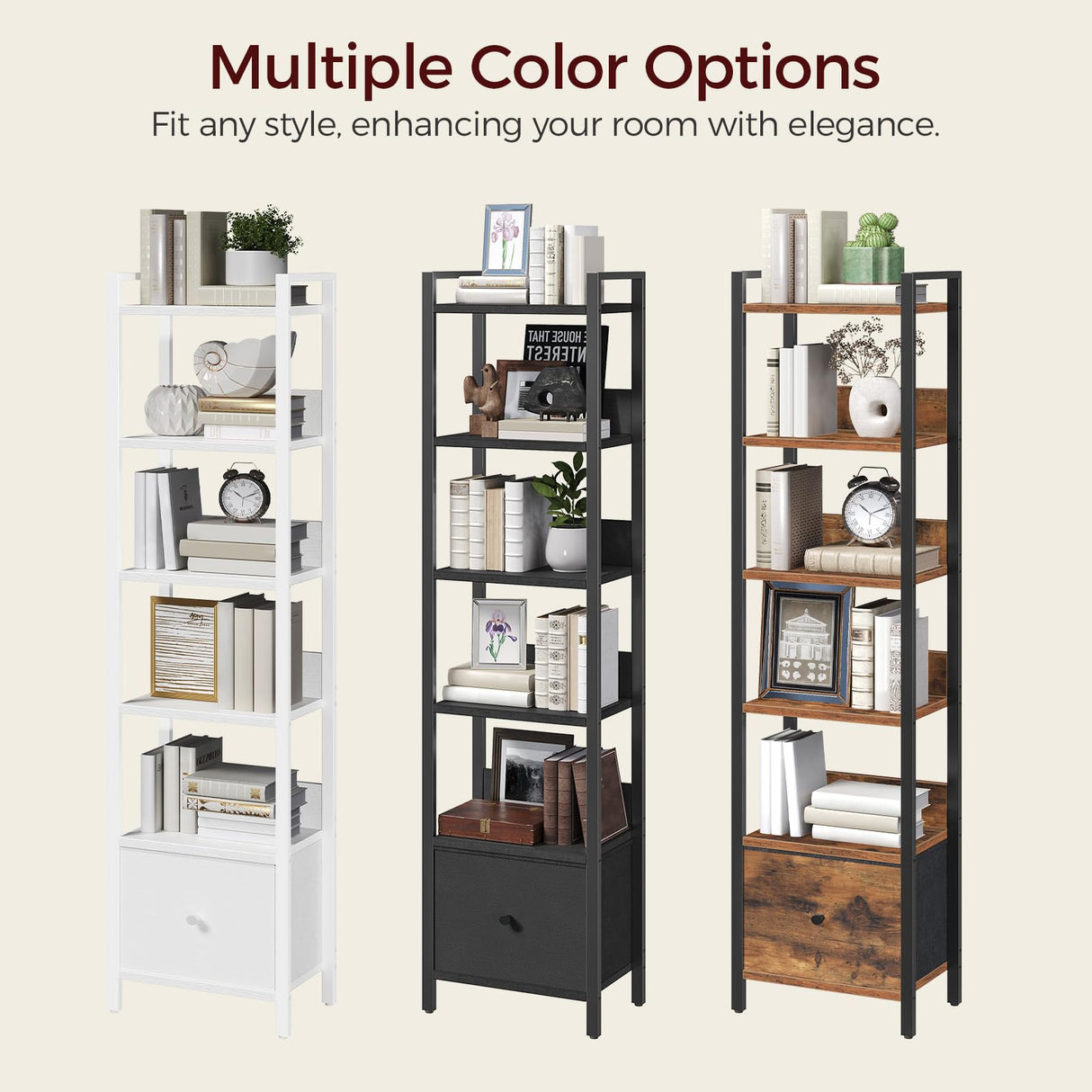 MAHANCRIS Bookshelf, 6-Tier Bookcase with Drawer, Small Book Shelf for Small Space, Storage Shelf Organizer, for Living Room, Bedroom, Study, Kitchen, Rustic Brown and Black BKHR66101 MAHANCRIS