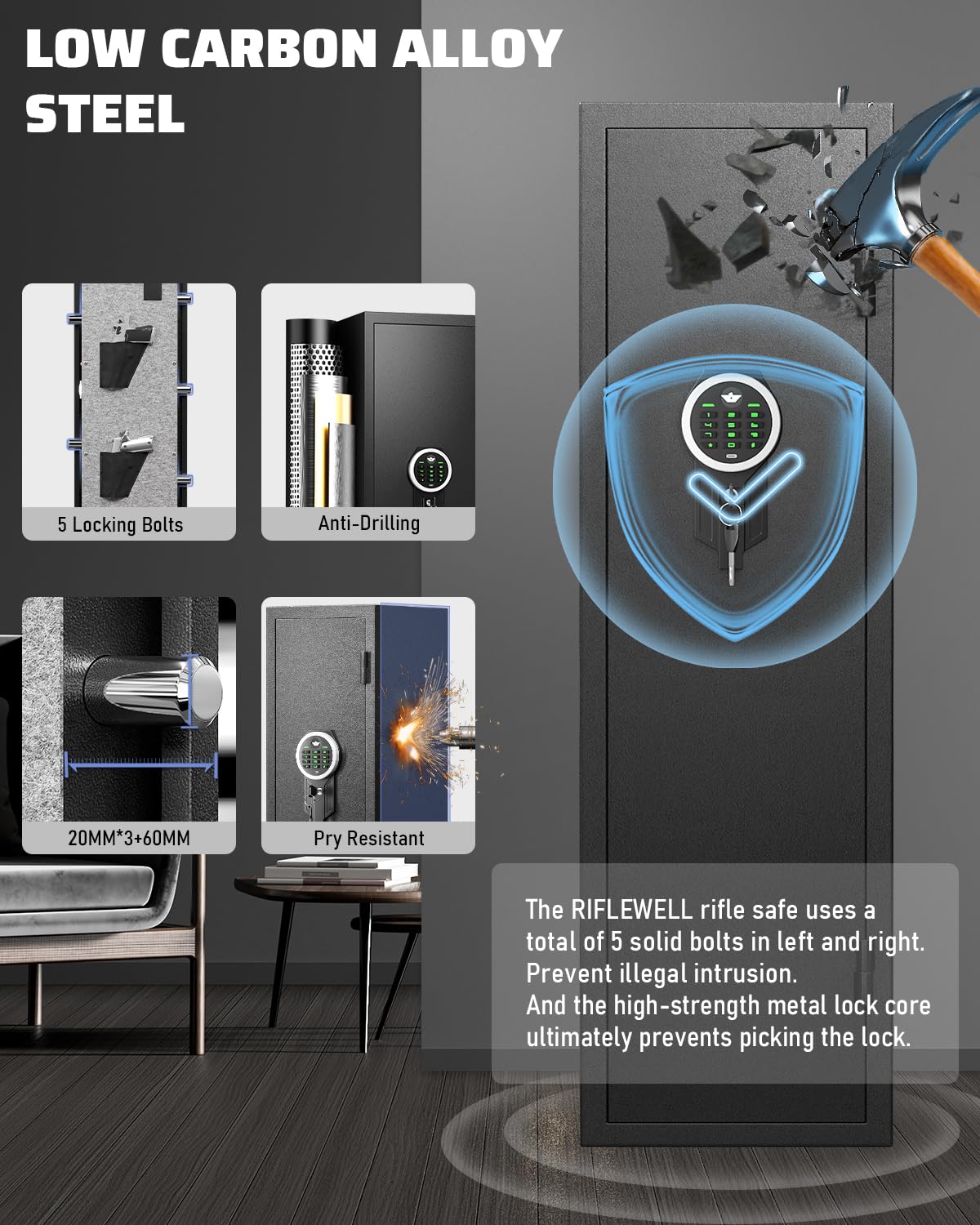 Gun Safe, 2 Rifle Gun Safe, Gun Safes for Home Rifle and Pistols, Quick Access Gun Cabinets with LED Light, Rifle Safe with Adjustable Gun Rack and Removable Shelf Riflewell