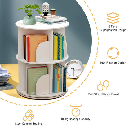 BJTDLLX 360° Rotating White Bookshelf, 2-Tier Freestanding Storage for Home & Office - WoodArtSupply