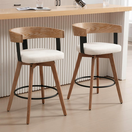 DUOMAY Swivel Bar Stools Set of 2-26" Counter Height Bar Stool with Footrest - Modern Wood Barstools with Linen Upholstered Seat - 360-Degree Swivel Stool for Kitchen Island Home Bar - White DUOMAY