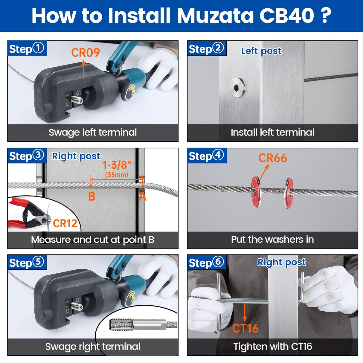[Patent] Muzata 40 Pack 1/8" Invisible Cable Railing Kit Hardware Upgraded Hand Swage Tensioner Hidden for 2"x2" Metal Post T316 Stainless Steel Deck Cable Railing System CB40 Muzata