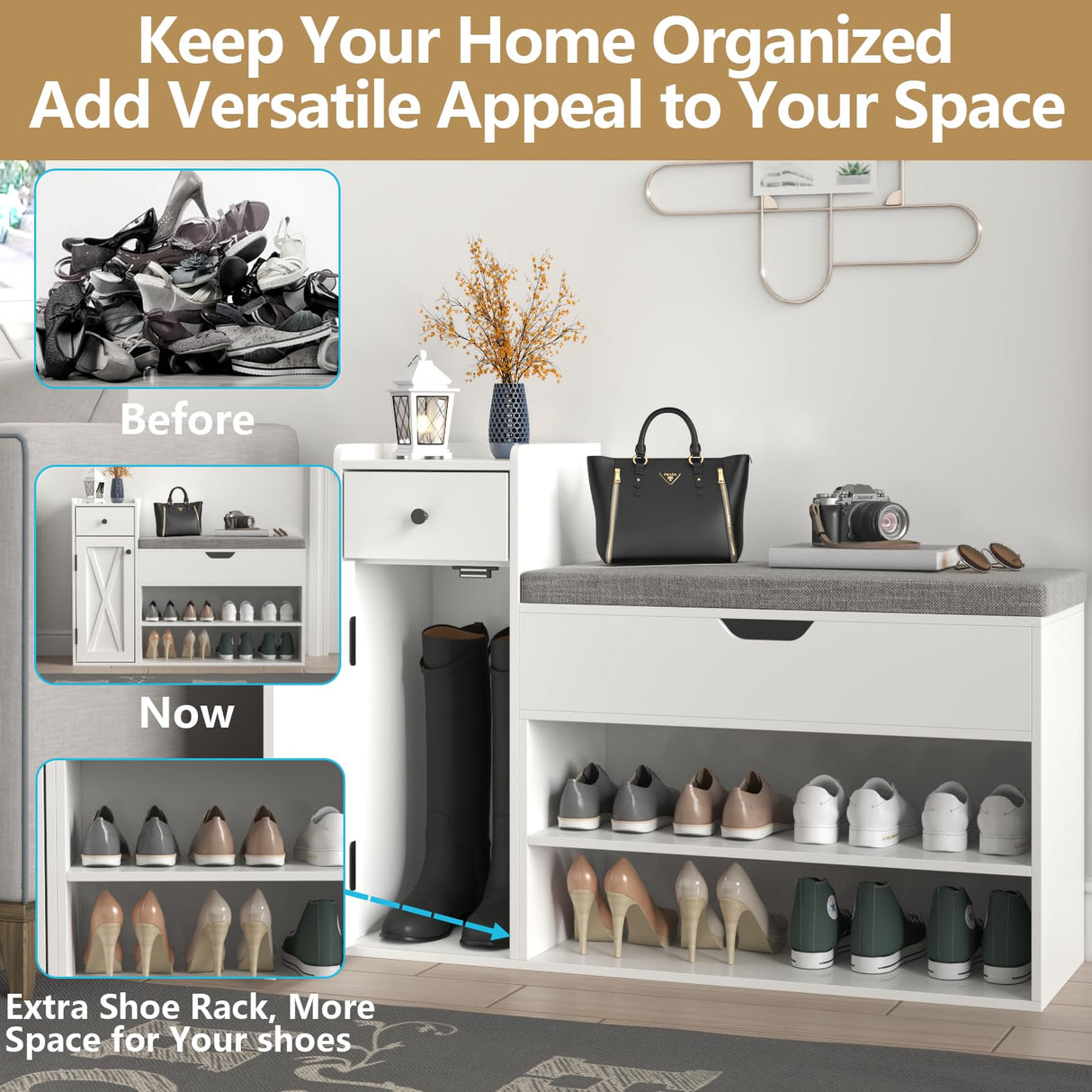 Gyfimoie Shoe Storage Bench, Farmhouse Entryway Bench with Drawer, 2-Tier Shoe Bench with Seat Cushion & Lift Top Storage Box, Slim Shoe Cabinet Bench for Entryway, Living Room, Bedroom (White) Gyfimoie