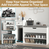 Gyfimoie Shoe Storage Bench, Farmhouse Entryway Bench with Drawer, 2-Tier Shoe Bench with Seat Cushion & Lift Top Storage Box, Slim Shoe Cabinet Bench for Entryway, Living Room, Bedroom (White) Gyfimoie