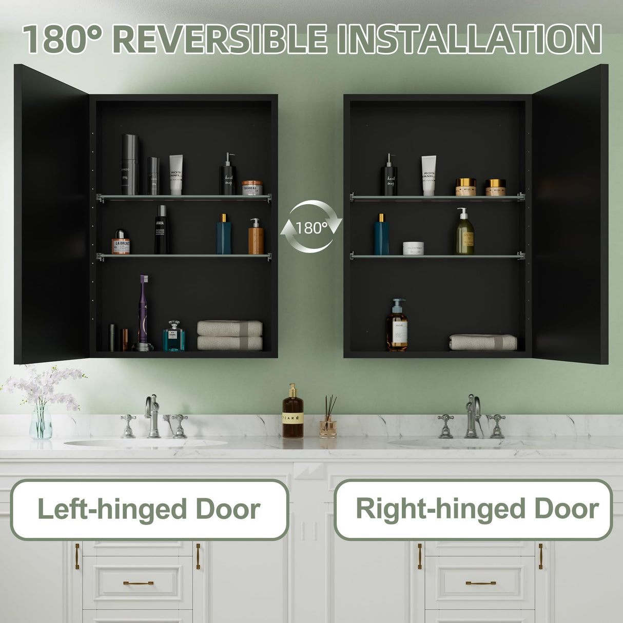 Buruis 14"x 24" Framed Medicine Cabinet with Mirror, Recessed or Wall Mounted Bathroom Cabinet, Adjustable Tempered Glass Shelves, Left/Right Open Reversible, No Assembly Required, Black Buruis