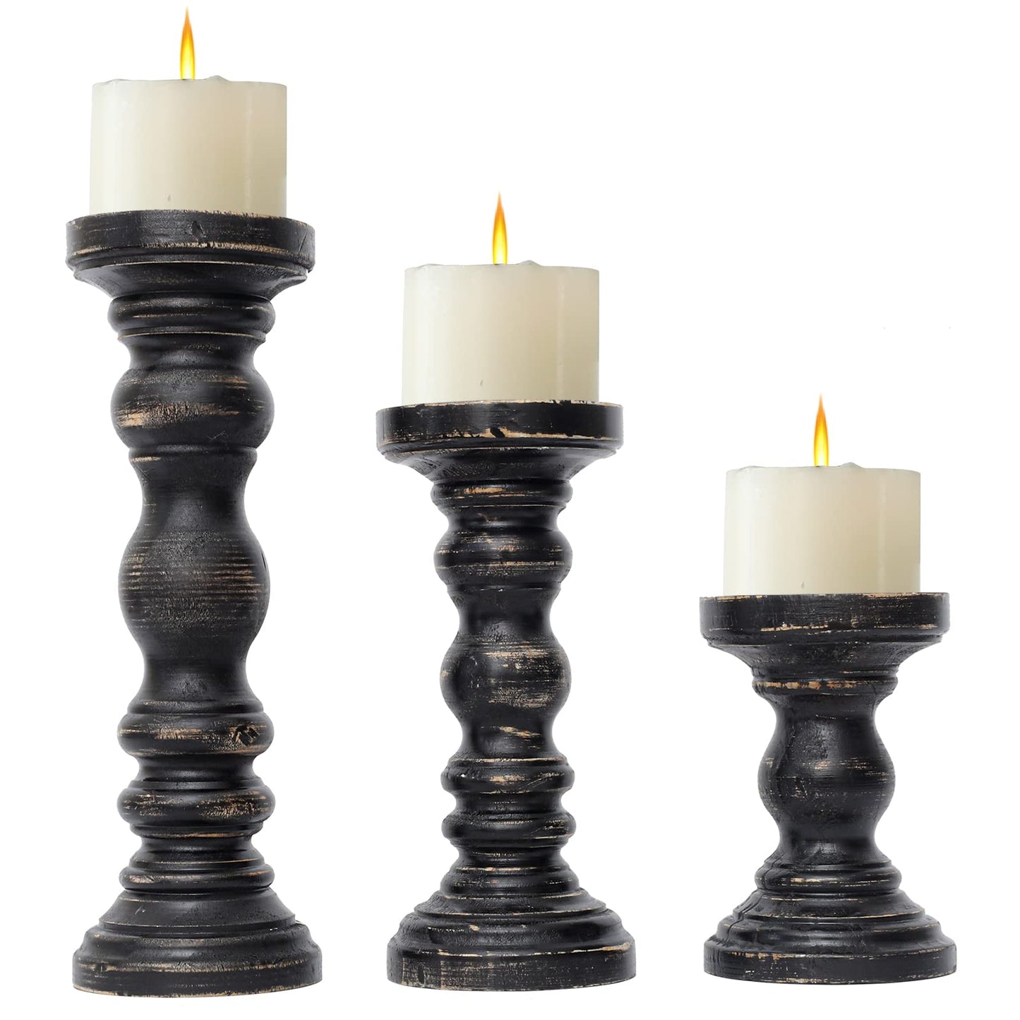 SwallowLiving Rustic Farmhouse Wood Pillar Candle Holder Set of 3 for Candlestick, Black - WoodArtSupply