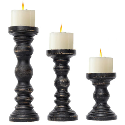 SwallowLiving Rustic Farmhouse Wood Pillar Candle Holder Set of 3 for Candlestick, Black - WoodArtSupply