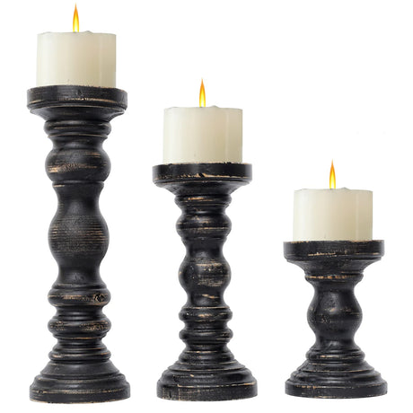 SwallowLiving Rustic Farmhouse Wood Pillar Candle Holder Set of 3 for Candlestick, Black SwallowLiving