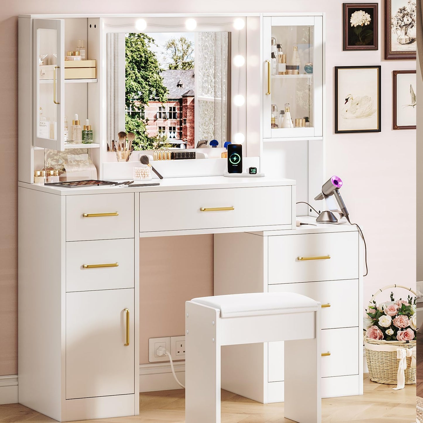 51" Vanity Desk with Mirror and Lights & Charging Station, Bedroom Dressing Table, Large Vanity Set with Cushioned Stool, 6 Drawers and 2 Cabinets, Makeup Vanity Table with Charging Station