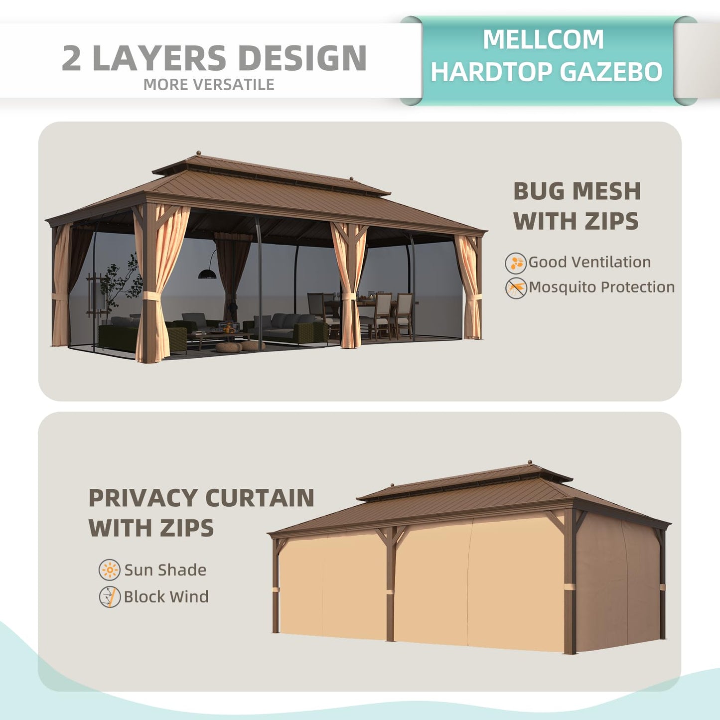 MELLCOM 12' x 24' Hardtop Gazebo,Galvanized Steel Metal Double Roof Aluminum Gazebo with Curtain and Netting,Brown Permanent Pavilion Gazebo with Aluminum Frame for Patios,Gardens,Lawns - WoodArtSupply