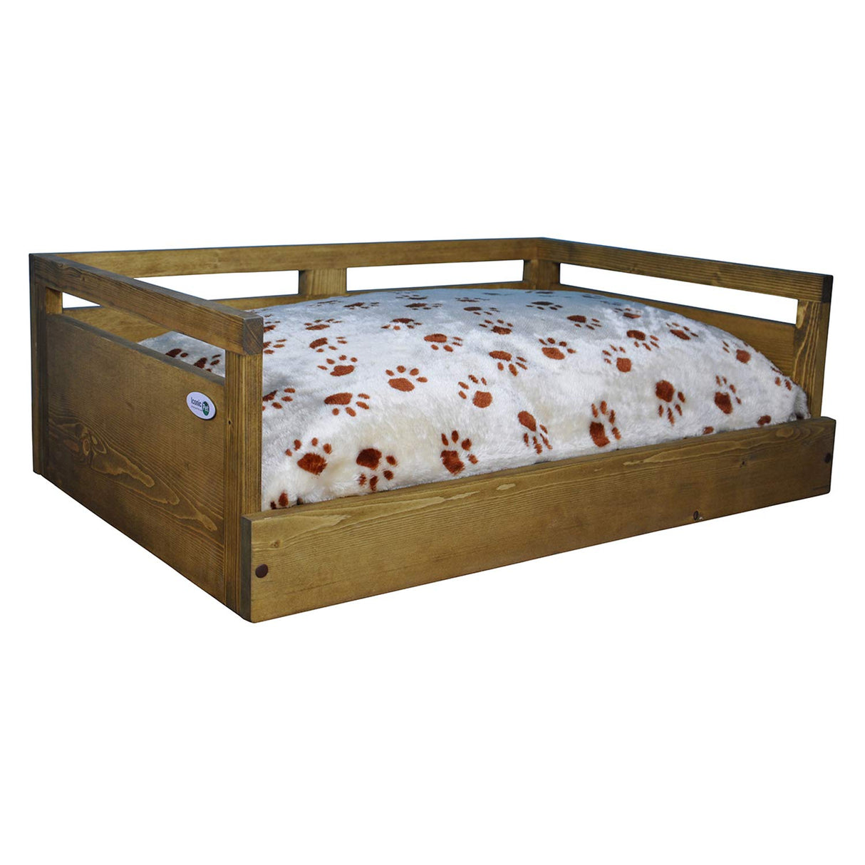 Iconic Pet Sassy Paws Wooden Pet Bed with Paw Printed Comfy Cushion for Dogs & Cats in Varying Sizes & Colors, Small-Rustic Brown Iconic Pet