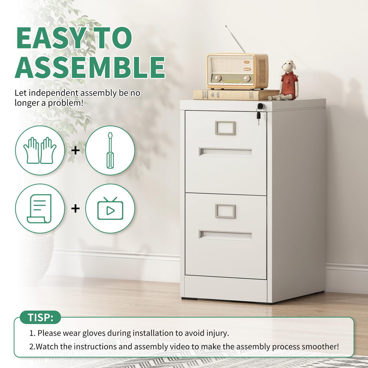 VIYET 2 Drawer File Cabinet,Metal Filing Cabinets with Lock,White Vertical File Cabinet for Home Office,Heavy Duty Metal Storage Cabinet for A4/Letter/Legal Size File,Assembly Required VIYET