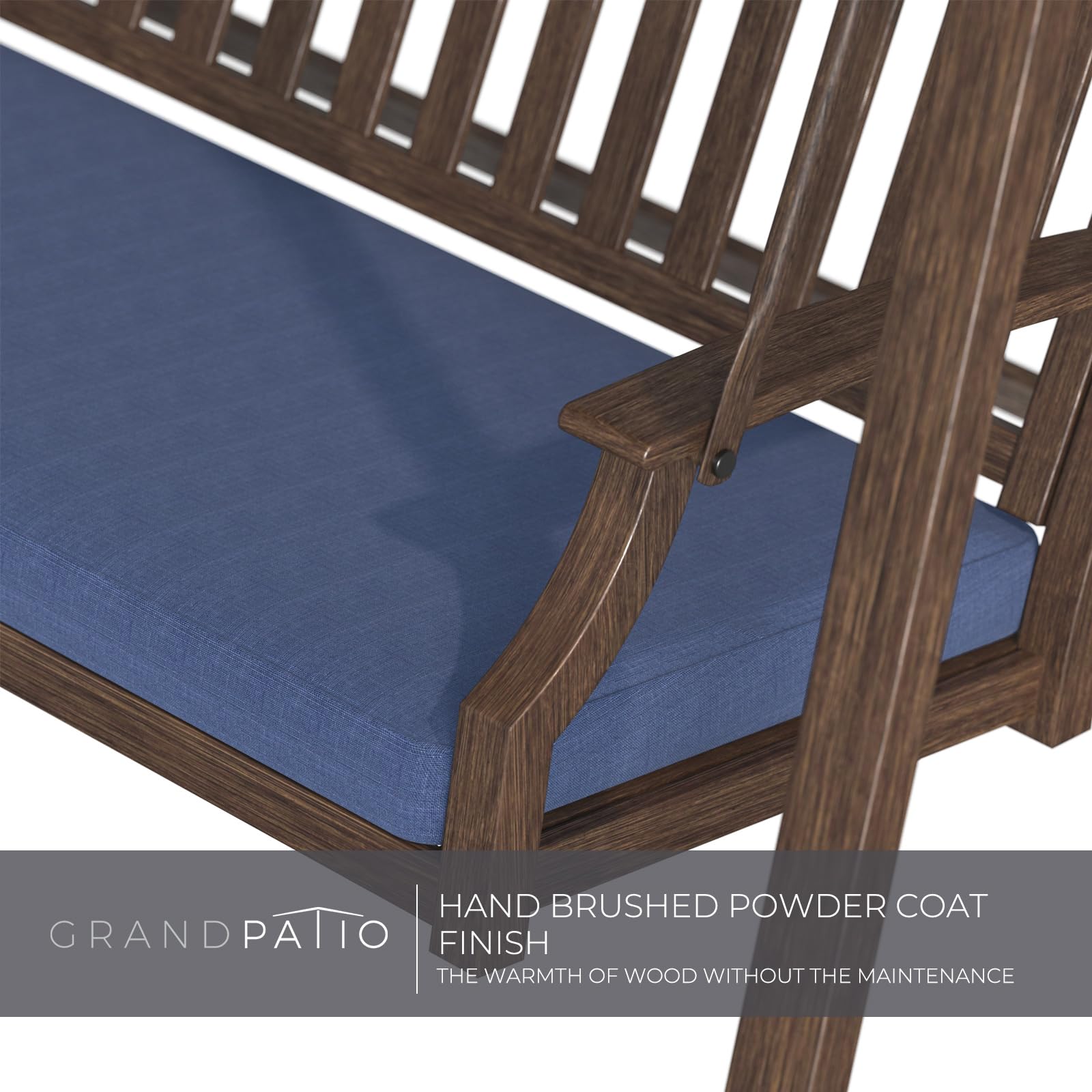 Grand Patio Porch Swing, Outdoor 2-Seat Patio Swing Chair, Adjustable Tilt Canopy, with Removable Cushion, Weather Resistant Powder Coated Painted Woodgrain Frame, Farmhouse Style-Dark Blue - WoodArtSupply