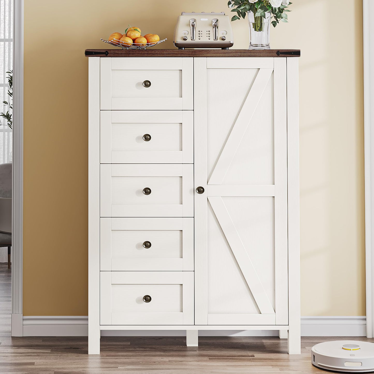 DWVO 5 Drawer Dresser - Farmhouse Chest of Drawers for Bedroom, 46" Tall Modern Dresser Cabinet with Barn Doors, Wood Storage Organizer for Living Room, Hallway, Closet, White