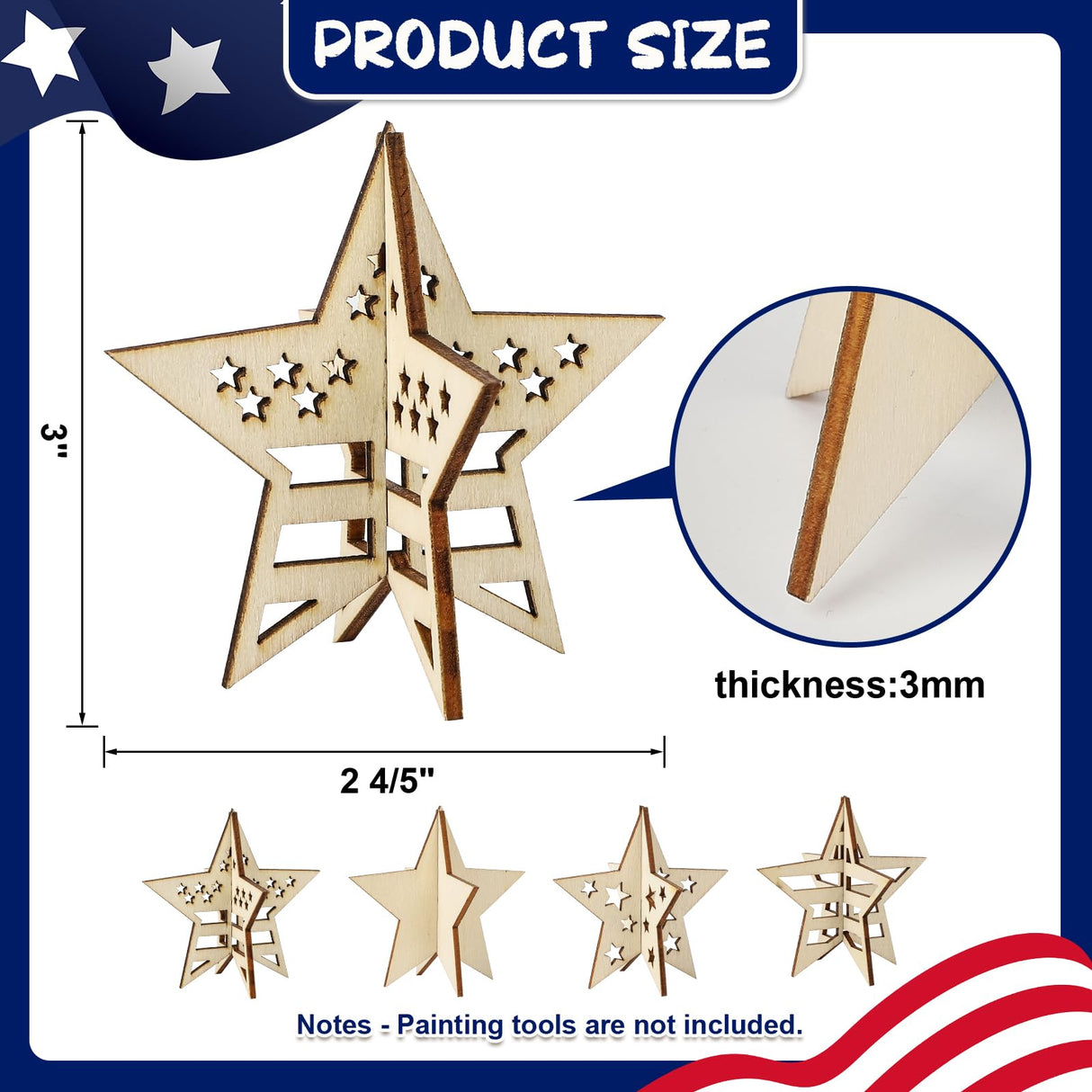 COCHIE DIY 3D 4th of July Stars Wood Crafts to Paint for Kids Adults, Paintable Unfinished Wooden Slices for Craft, Memorial Day Veterans Day Star Cutouts Ornaments for Painting Decorations (24 PCS) COCHIE