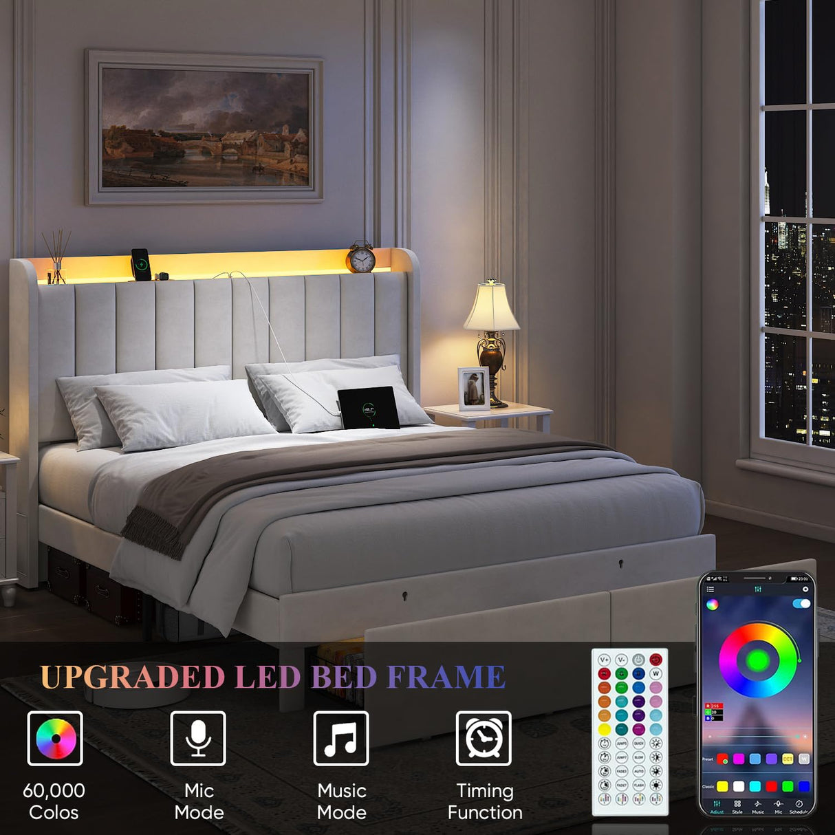 TIGUBFRE Full Size Bed Frame with Storage Headboard, Upholstered Platform Bed Frame with LED Lights, Drawers, Charging Station, Wood Slats Support, No Box Spring Needed, Noise Free, Beige TIGUBFRE