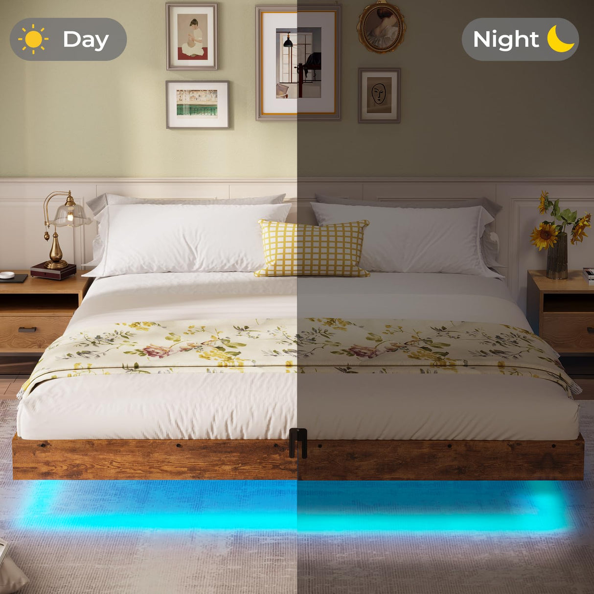 BTHFST Queen Size Floating Bed Frame with LED Lights - Industrial Style Wooden & Metal Platform Bed, Noise-Free & Easy Assembly BTHFST
