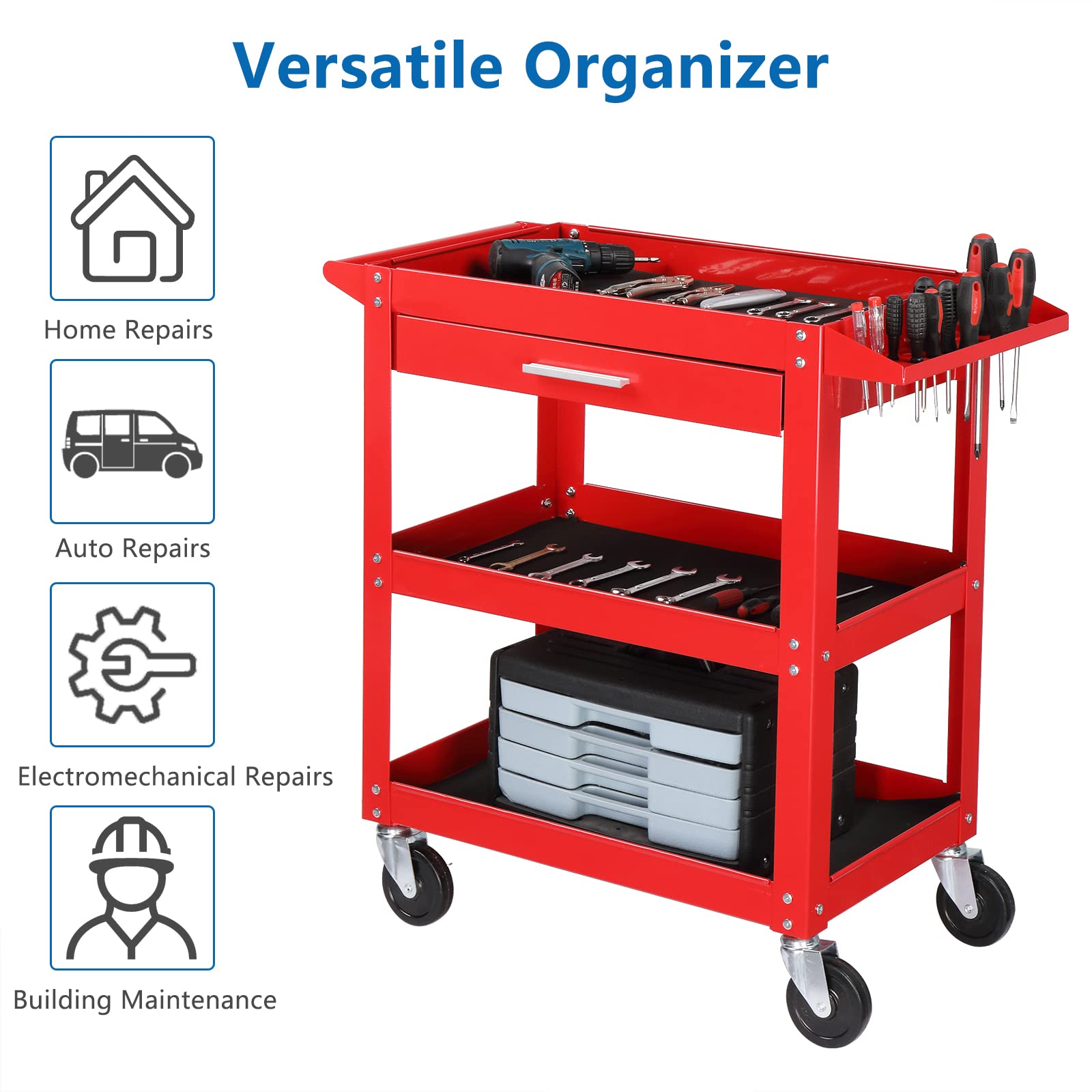 TUFFIOM 3 Tier Rolling Tool Cart, 330 LBS Capacity Industrial Service Cart, Heavy Duty Steel Utility Cart, Tool Organizer with Drawer, Perfect for Garage, Warehouse & Repair Shop (Red) - WoodArtSupply