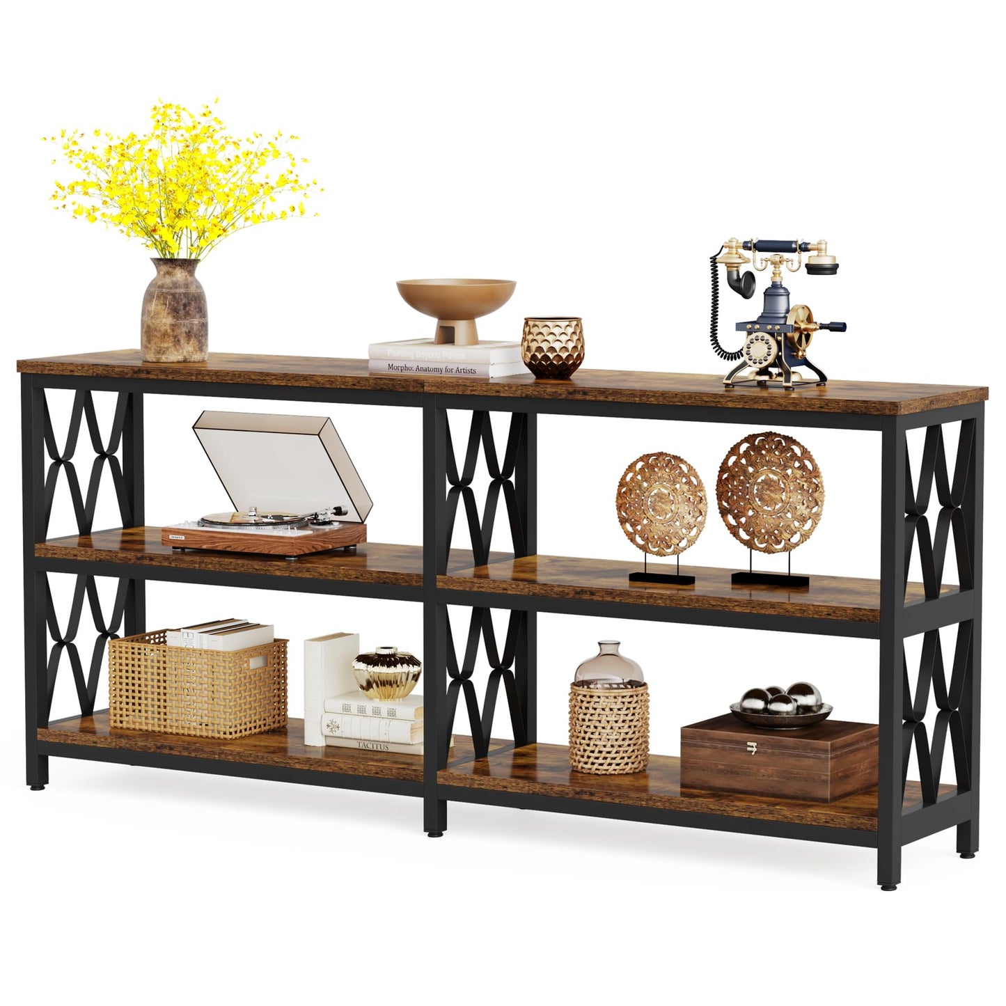 Tribesigns 70.9" Long Console Table with Storage Shelves, Industrial 3-Tier Sofa Table for Living Room, Foyer Table Entryway Table for Hallway, Front Door, Entrance, Rustic Brown & Black - WoodArtSupply