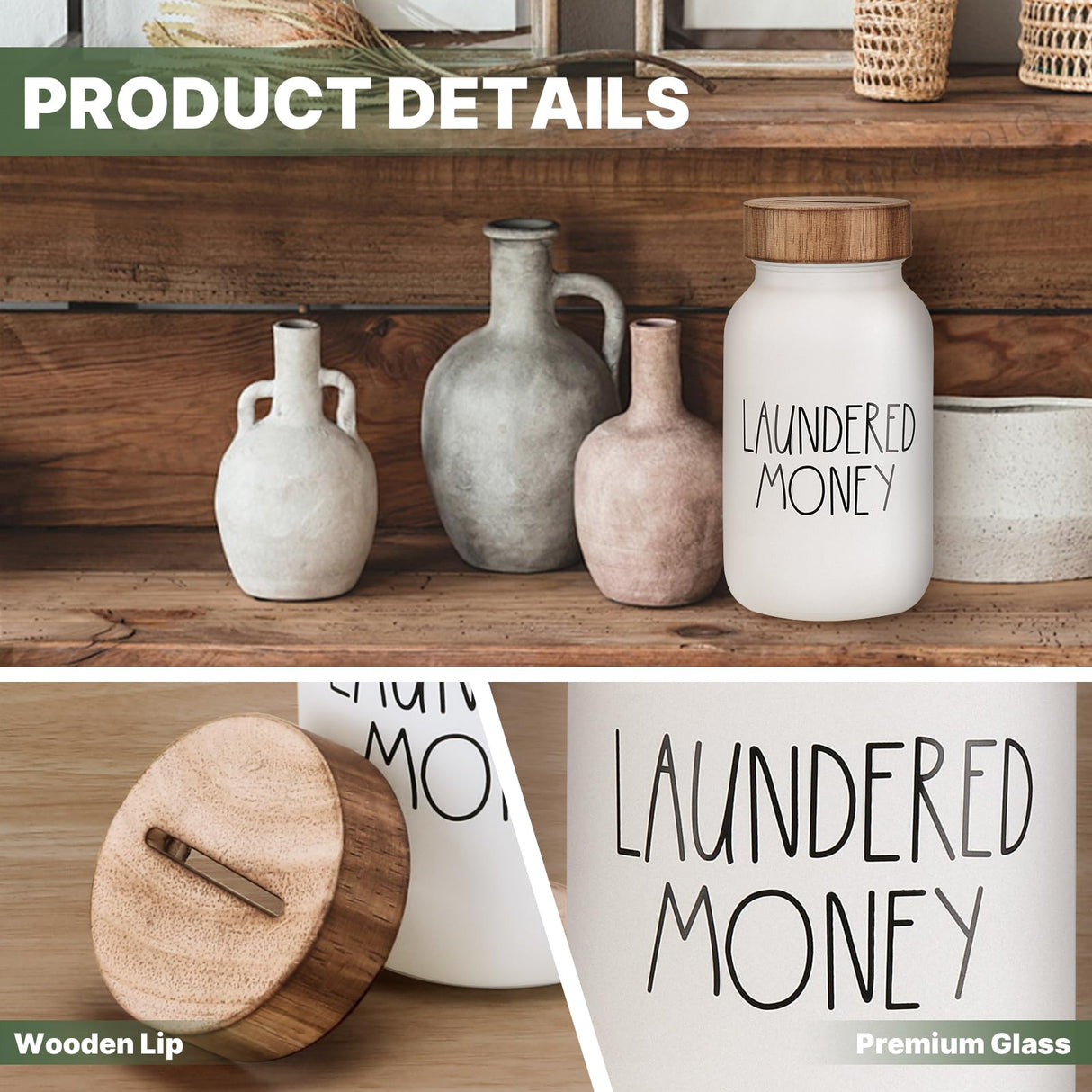 Laundry Room Bank Coin Jar Laundry Room Decor Rustic Country Farmhouse Home Decor Mason Jar with Wooden Top Funny Laundered Money Tip Jar Piggy Bank Onzbala