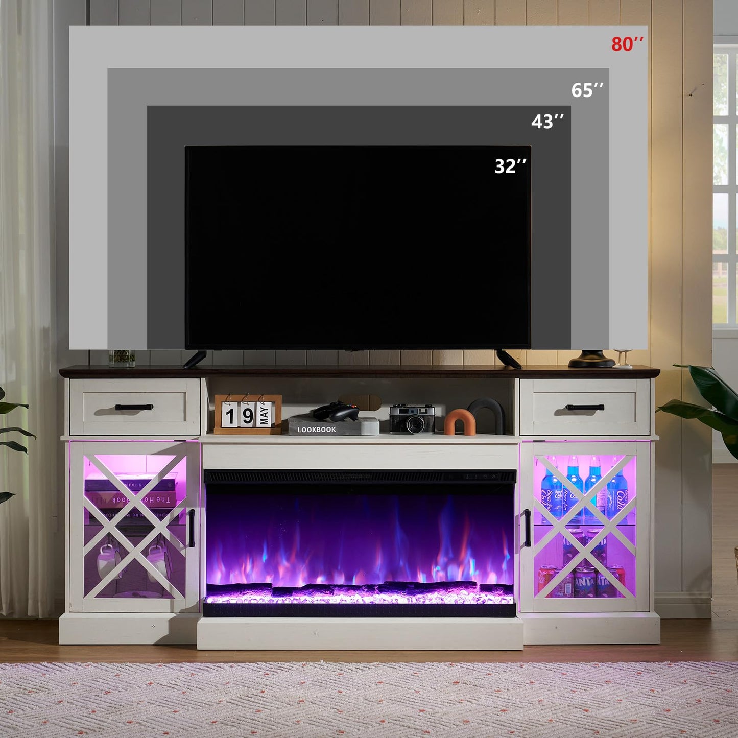 YUMPIE 3-Sided Farmhouse Fireplace TV Stand for TVs up to 80'', 12 Color Entertainment Center Console Table with LED Glass Door Storage Cabinet, 70'' Large TV Stands with 36" Fireplace,White+Barnwood