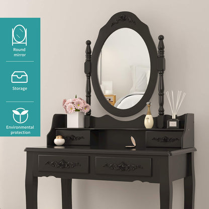 Alohappy Girls Vanity Desk, Makeup Vanity Set with Mirror & Stool, Makeup Table Black Vanity Desk with 4 Drawers Vintage Rose Carving Dressing Desk