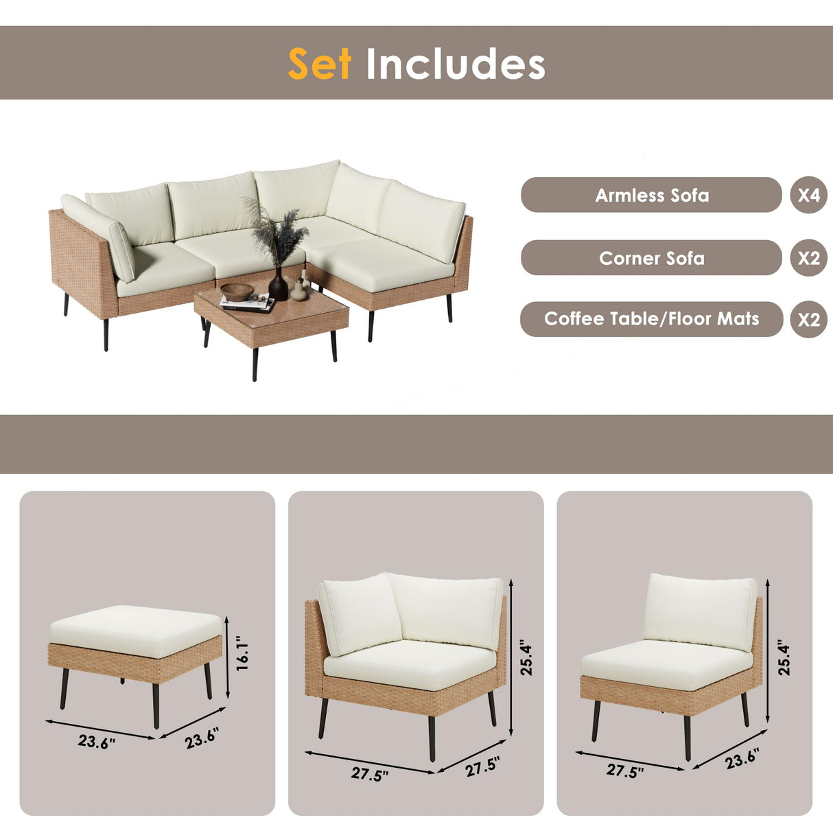 ENSTVER Outdoor Patio Sectional Furniture Set, 5 Piece Wicker Patio Furniture with Widened and Densely Woven Rattan, Conversation Patio Furniture with Thick Cushions for Garden, Backyard ENSTVER