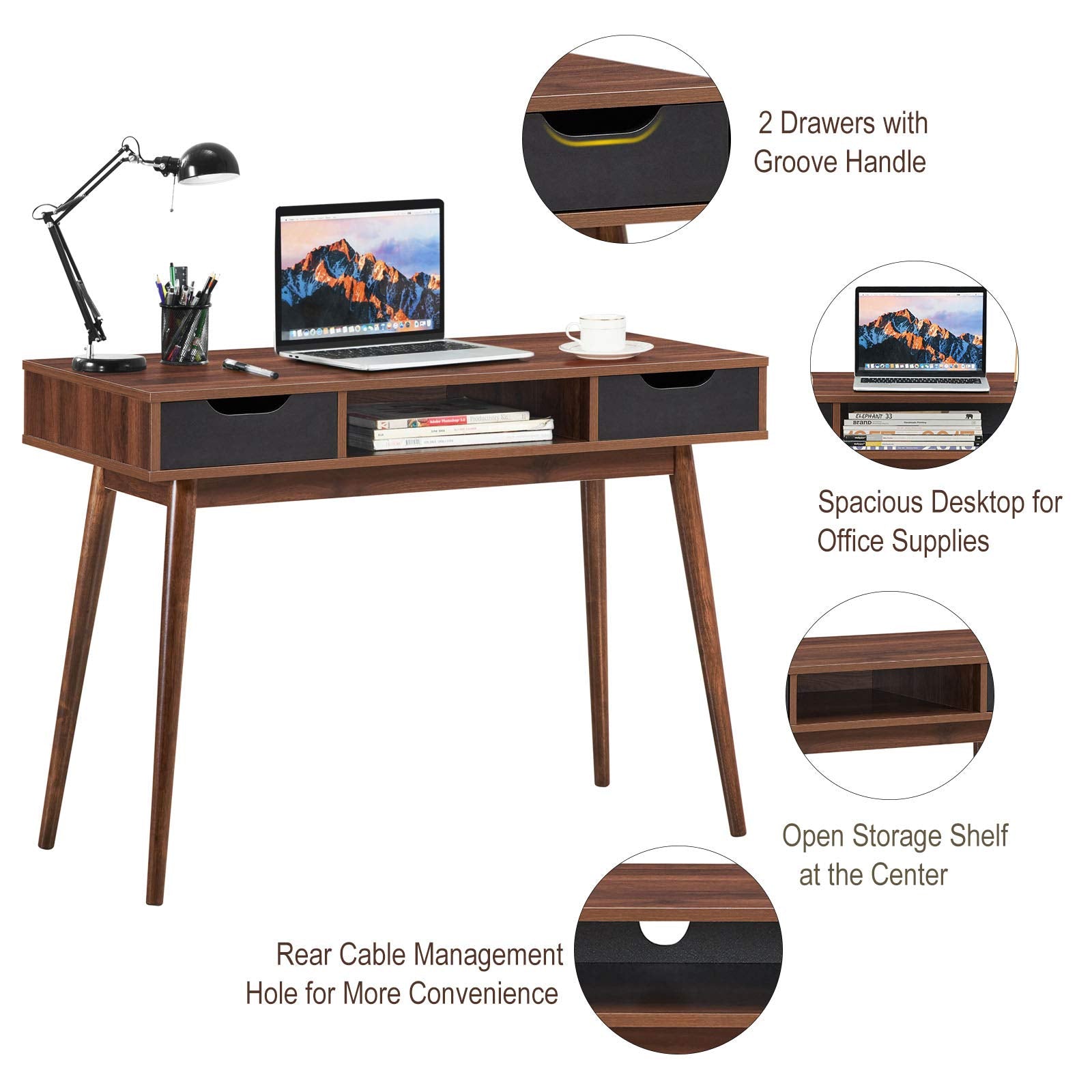 Tangkula Mid Century Desk with Drawers, Modern Writing Study Desk, Home Office Desk Computer Desk with Solid Wood Legs & Open Shelf, Study Workstation Multifunctional Vanity Table Desk for Be - WoodArtSupply