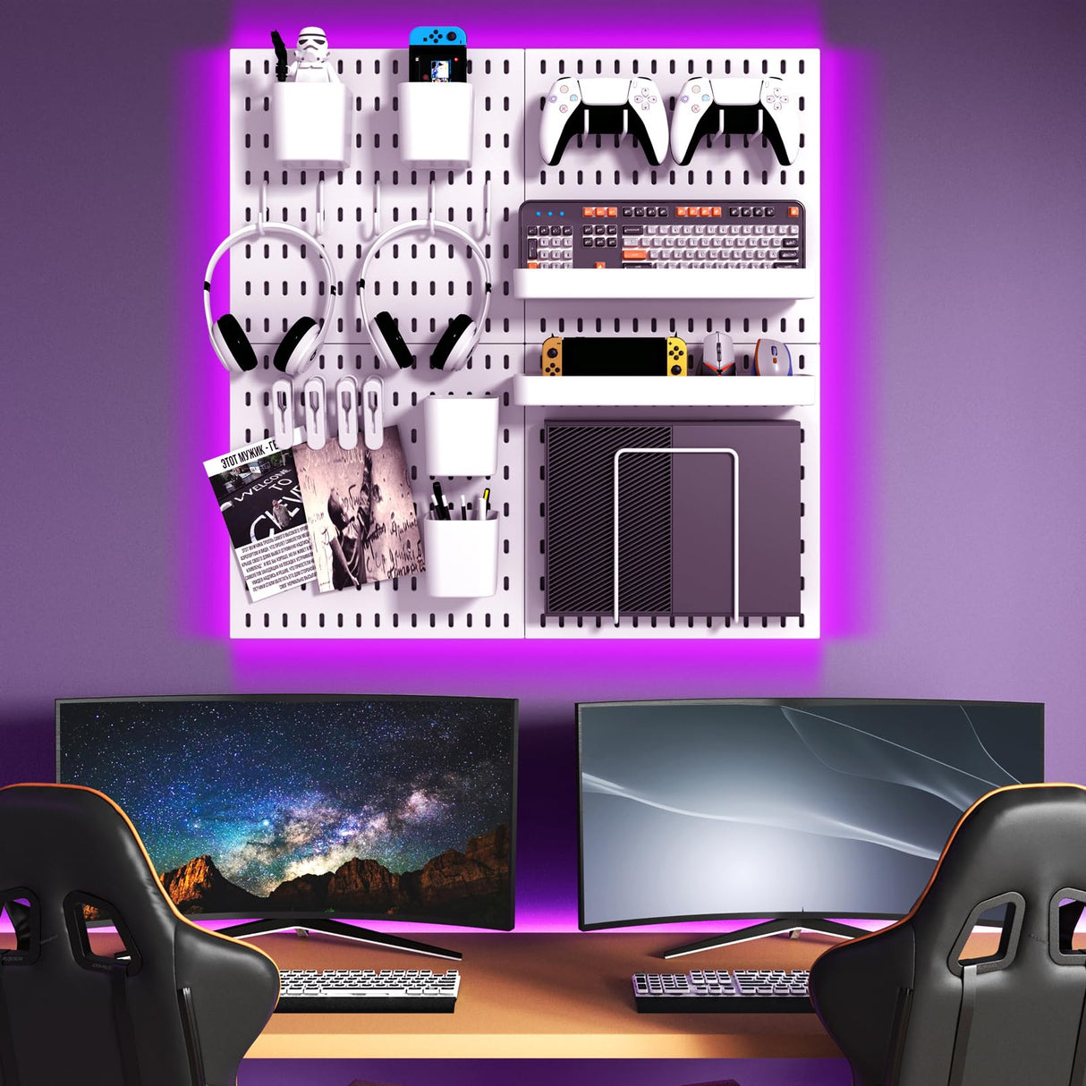 VEOFEMLEA Peg Board Combination Kit, 4 Pegboards with 20 Accessories, Pegboard Wall Organizer for Office, Nursery & Home Storage, Key Holder, 25.6"x25.6" – Nail-Free Installation（White） VEOFEMLEA