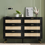 REVOMINCA Rattan Dresser for Bedroom, 6 Drawer Rattan Dresser, Boho Dresser with Gold Handles & Legs, Wood Rattan Chest of Drawers for Bedroom, Storage Drawers for Living Room and Hallway REVOMINCA