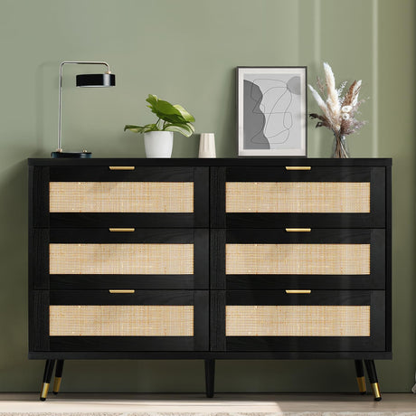 REVOMINCA Rattan Dresser for Bedroom, 6 Drawer Rattan Dresser, Boho Dresser with Gold Handles & Legs, Wood Rattan Chest of Drawers for Bedroom, Storage Drawers for Living Room and Hallway REVOMINCA