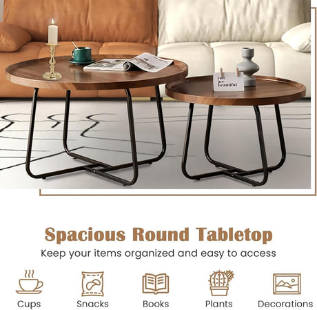 Windpost Round Nesting Coffee Table Set of 2, 28" Round Walnut with Fluted,Mid Century Modern,Center for Living Room Bedroom Office Balcony Yard Windpost