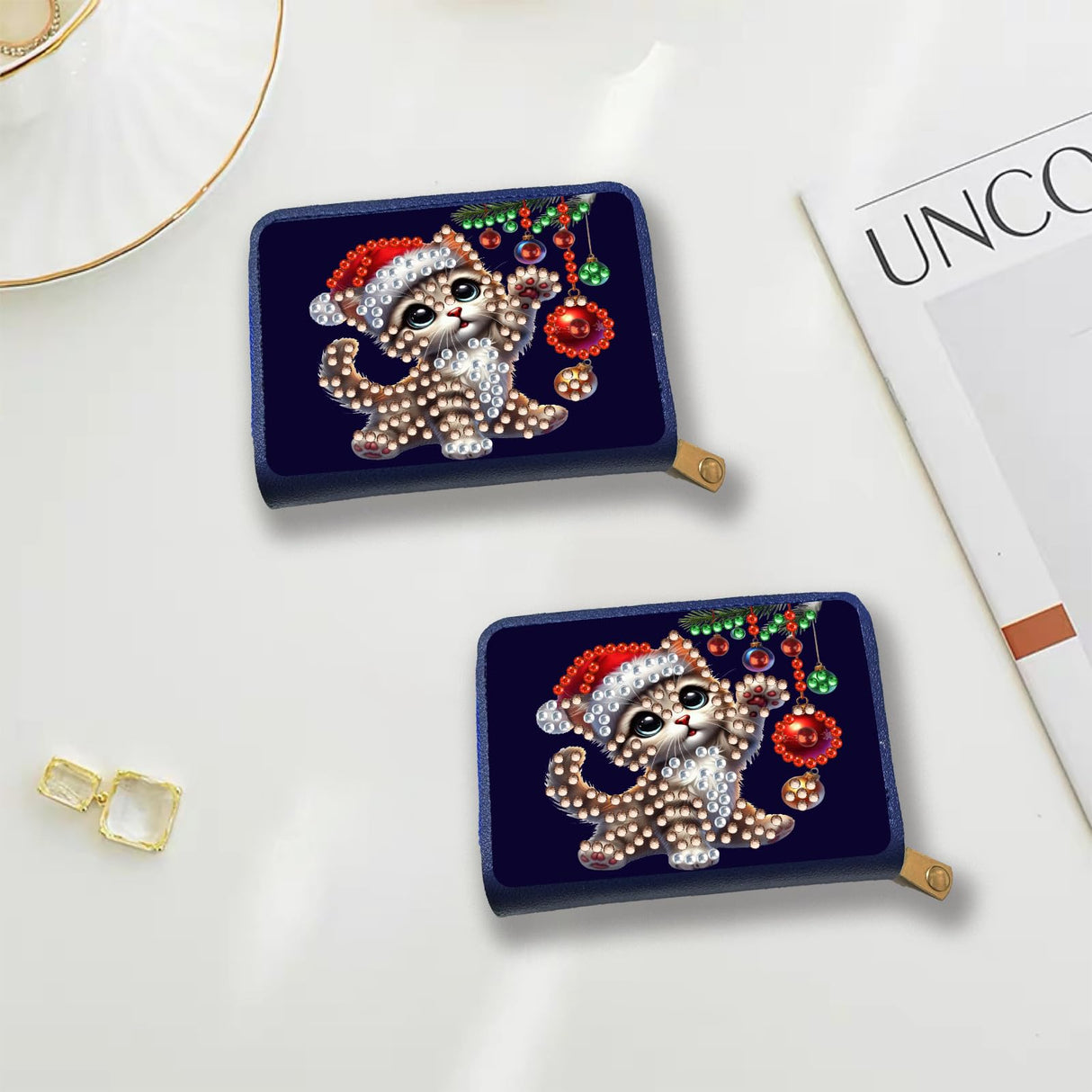 yzARTche Diamond Art Painting Christmas Credit Card Wallet, RFID Blocking Gem Art Leather Zipper Card Holder Wallet for Women-11-Cat yzARTche