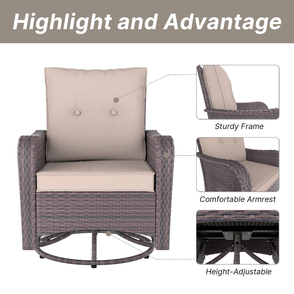 Gotland 11 Pieces Outdoor Patio Furniture Set with 2 Swivel Rocking Chairs&55,000 BTU Gas Fire Pit Table w/Glass Wind Guard Patio Conversation Sectional Sofa Sets-Khaki Gotland