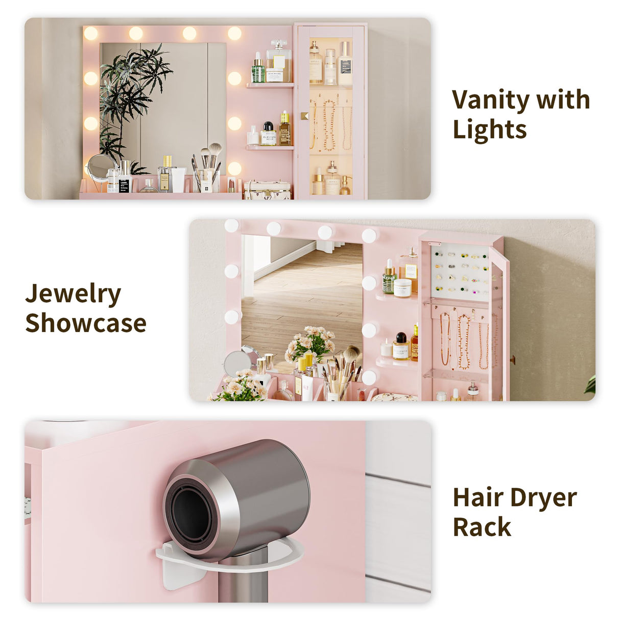 Vanity Desk with Mirror and Lights, Pink Makeup Vanity with 5 Drawers Hidden Jewelry Organizer& LED Glass Cabinet,3 Lights Mode and Brightness Adjusted,Vanity Mirror with Lights Desk and Chair HUANLEGO