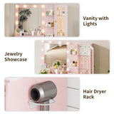 Vanity Desk with Mirror and Lights, Pink Makeup Vanity with 5 Drawers Hidden Jewelry Organizer& LED Glass Cabinet,3 Lights Mode and Brightness Adjusted,Vanity Mirror with Lights Desk and Chair HUANLEGO